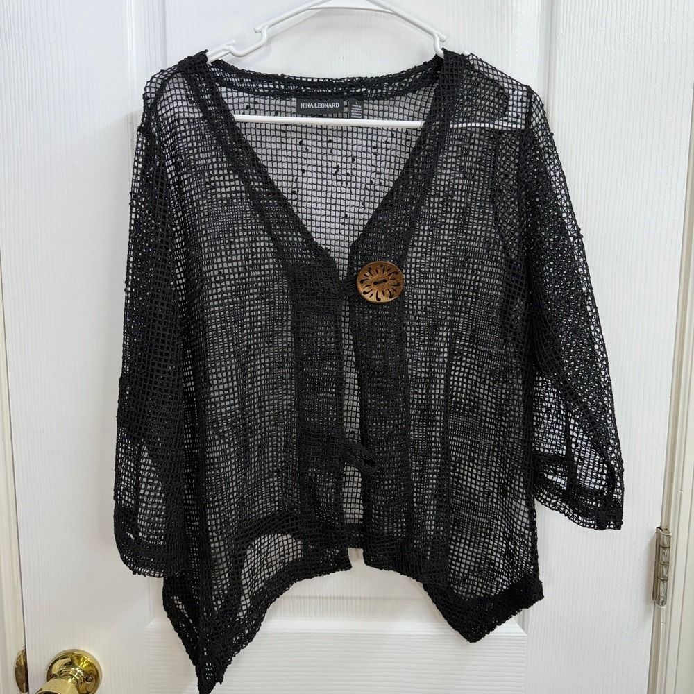 Nina Leonard black loose crocheted net drapey button cropped sleeve cardigan L
